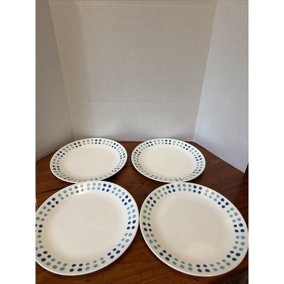 Corning Corelle Key West / Dinner Plates Blue Turquoise Dot 4 Piece - Picture 1 of 7